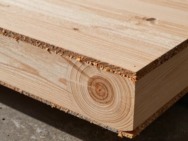 Extreme close-up of a freshly cut pinewood panel cross-section under raking side-light, annual rings and grain direction clearly visible, sawdust residue at cut edge, concrete factory floor at bottom corner, no text or labels