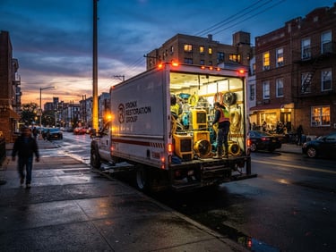 Wide-angle documentary shot of a marked Bronx Restoration Group truck parked on a Bronx street at dusk, emergency lights casting a high-contrast yellow glow on industrial drying equipment inside the open rear doors, clean utility lighting.