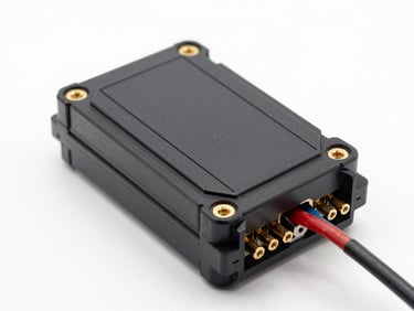 Automotive electronic control unit ECU with gold-plated pins and wiring loom, high-tech engineering macro photography