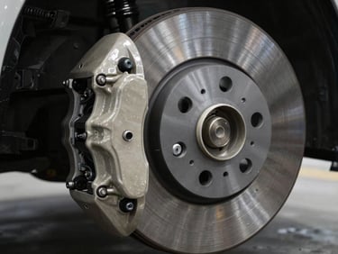 Close-up of a ventilated ceramic brake disc and caliper assembly, clean studio lighting, high-contrast engineering details