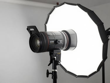 Close-up of a studio strobe head with a large octabox modifier attached, mounted on a light stand against a white studio wall, clean and precise, technical detail visible on the housing