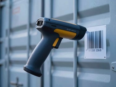 Close-up of a ruggedized handheld scanner reading a barcode on a shipping container, cool studio light, sharp focus.