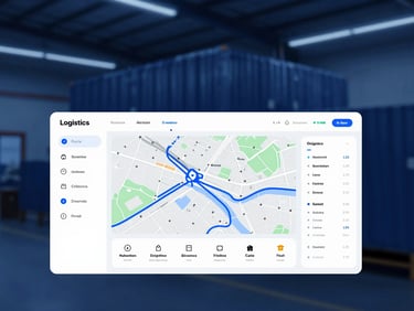 Clean UI dashboard mockup displaying a logistics route optimization map with data visualizations, cool blue tones.