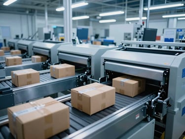 Modern automated sorting facility with packages moving on conveyor belts under bright industrial illumination, high-contrast.