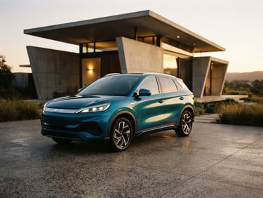 Sleek modern BYD electric SUV parked in front of a minimalist concrete architectural pavilion, dramatic golden hour reflections on metallic teal paint, 35mm photography