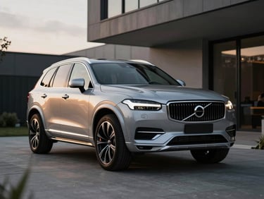 Luxury Volvo SUV parked in a modern driveway, dramatic overcast lighting, metallic silver finish, 35mm