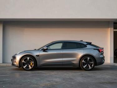 Sleek modern electric hatch parked in a minimalist garage, soft lighting, 35mm