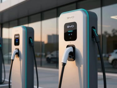 Sleek BYD electric vehicle charging at a modern station, electric teal accents, high-tech details, 35mm
