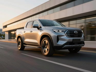 Robust modern pickup truck on a clean open road, dynamic low-angle, golden hour light, 35mm
