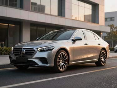 Premium executive sedan on a clean urban road, golden hour reflections, shallow depth of field, 35mm
