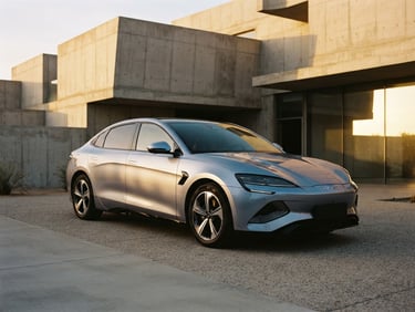 Sleek modern electric BYD sedan parked in front of minimalist concrete architecture, dramatic side lighting, metallic silver reflections, 35mm photography