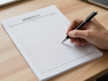 Overhead shot of a weekly planning sheet on a light wood desk, a hand holding a pen mid-notation, natural diffuse light from the left, focus on the structure of the page