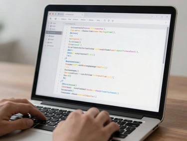 Close-up of a laptop screen displaying a structured AI prompt template in a clean code-like layout, hands on keyboard, overcast studio light, no distracting background