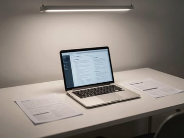 Wide shot of a minimal workspace — a clean desk with a laptop open to a structured learning module, a printed framework sheet beside it, cool overhead light, no person visible, organised and precise