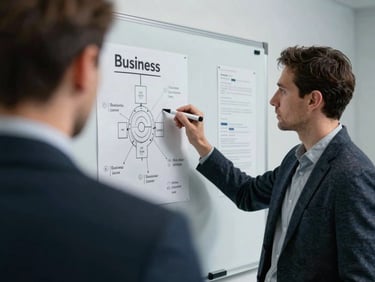 Shoulder-up shot of a founder reviewing a printed business roadmap on a whiteboard, marker in hand, concentrated expression, cool studio-adjacent light, no eye contact with camera, decisive posture