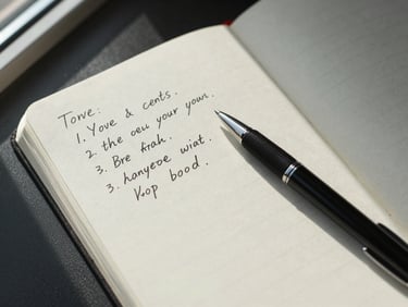 Overhead close-up of an open strategy notebook with handwritten action points and a pen resting diagonally, cool window light from the left, crisp shadows on off-white paper, no people