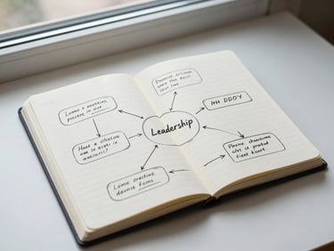 Close overhead view of a notebook opened to a handwritten leadership framework diagram on a clean desk, cool north window light, minimal — ruled lines, deliberate annotations, no clutter