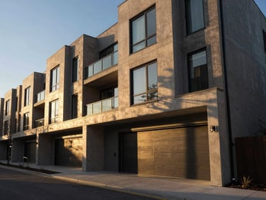 24mm wide-angle exterior of modern luxury townhomes on Delaware Avenue, sharp concrete lines, dramatic golden hour light with deep shadows