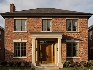 Low-contrast overcast daylight architectural shot of a restored historic Elmwood brick home, clean geometric lines, tight crop of premium brass and dark oak entry details