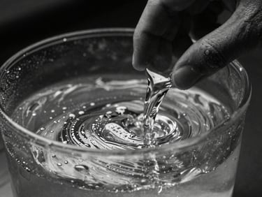 Extreme macro shot of wet-plate glass edges, hands pouring developer solution, silver tones, high contrast.