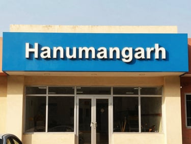 Front of a modern medical clinic in Hanumangarh, clean blue signage, bright daylight