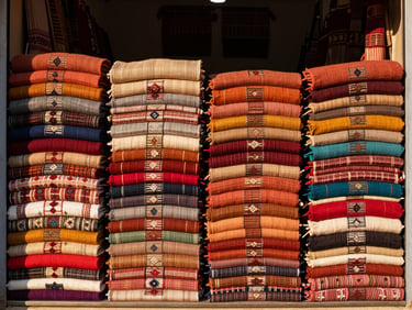 Authentic local textile shop in Hanumangarh, colorful Rajasthani fabrics neatly stacked, warm natural light