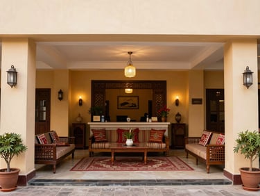 A welcoming hotel lobby with warm lighting and local Rajasthani decor accents, sharp focus