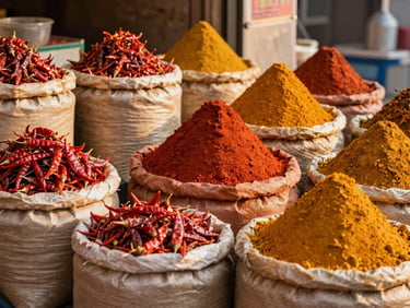 Bustling local spice market stall in Hanumangarh, sacks of vibrant red chili and golden turmeric