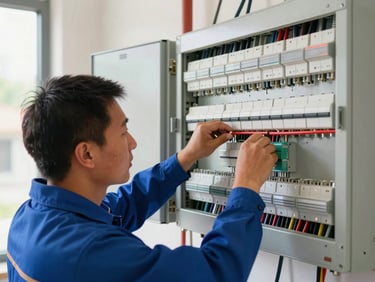 A professional electrician repairing a modern switchboard, sharp focus, bright natural daylight