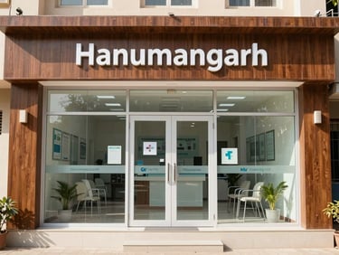 A clean, modern medical clinic entrance in Hanumangarh, bright natural daylight, professional environment