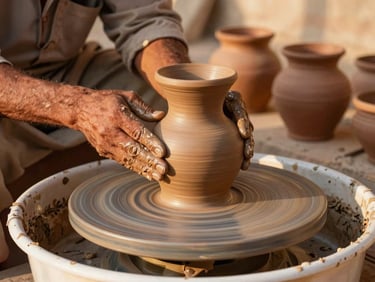 Traditional clay pottery workshop in Hanumangarh, local artisan shaping a terracotta vessel on a wheel