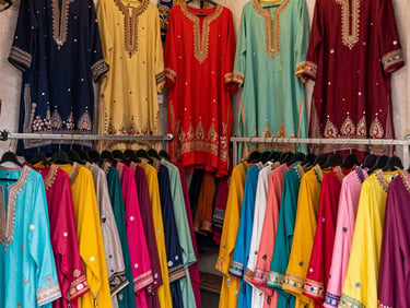 Interior of a vibrant local clothing boutique in Hanumangarh, colorful traditional wear, warm lighting