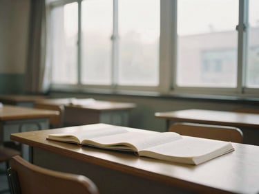 A quiet classroom with sunlight streaming through large windows, a wooden desk with open books and notebooks, soft morning light, warm editorial photography.
