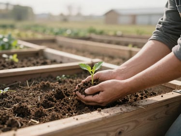 A community garden with wooden raised beds, hands holding soil and a small green sprout, soft overcast morning light, documentary style.
