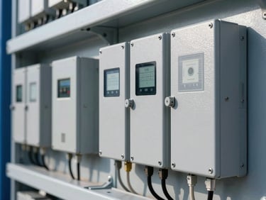 Close-up of a clean industrial inverter setup mounted on a wall with neat wiring layouts and technical precision, metallic silver tones.