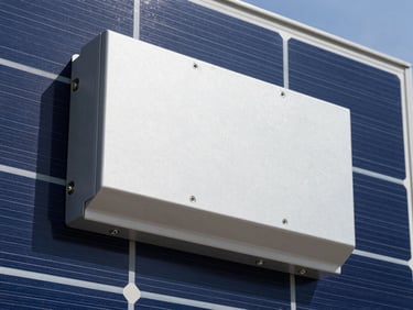 Close-up of a modern, clean solar inverter mounted on a wall, neat wiring, metallic silver tones, technical aesthetic.