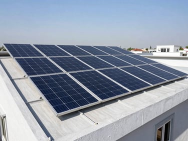 Crisp architectural photo of a 3kW solar panel array on a residential rooftop in Lahore, bright direct sunlight, clean lines.