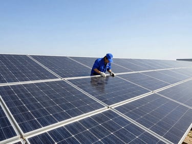 A technician performing routine maintenance on a solar panel array, ensuring optimal performance, bright sunlight, clean installation.