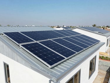 Wide-angle drone shot of a 5kW solar installation on a modern Pakistani home, deep blue and metallic silver tones, clear sky.