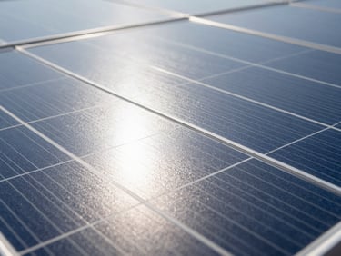 Macro shot of a clean, high-efficiency solar panel surface, reflecting bright sunlight, focus on crystalline structure.
