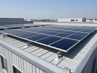 Wide-angle shot of robust solar panel mounting structures on a commercial rooftop, showing engineered precision and clean lines.