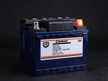 Clean studio shot of a Century car battery, technical labels visible, eye-level angle, sharp focus