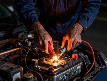 Technician using jump starter cables on a car battery, dramatic night-time emergency beacon glow, gritty automotive photography, 35mm