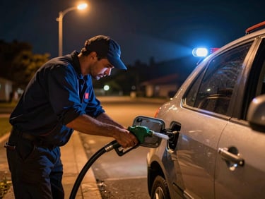 Technician pouring fuel into a car's tank from a roadside assistance vehicle, under streetlights, dramatic night-time emergency beacon glow, 35mm