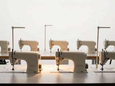Minimalist architectural view of a clean, structured apparel manufacturing floor, sewing machines aligned, soft golden light