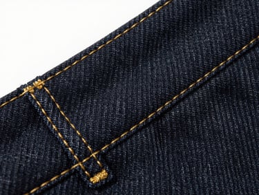 Macro close-up shot of gold stitching on dark raw denim, crisp directional lighting, sharp focus on fabric textures