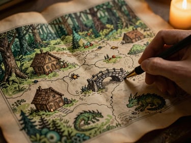 Intimate close-up of a hand-drawn parchment map of an enchanted forest. Small illustrated icons of a cozy cottage, a stone bridge, and a sleeping dragon are visible. Warm golden candle-light glows from the side, casting soft shadows across the rich paper texture. Hand-inked details.