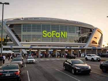 Ground-level wide shot of SoFi Stadium exterior at golden hour, crowds exiting the south gates, vehicles at the curb, amber sky behind the stadium arch, real street context visible