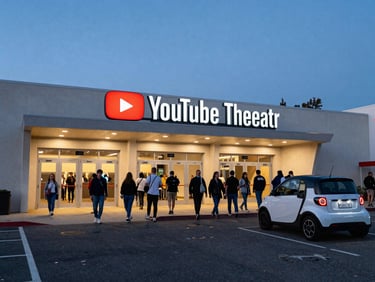 Ground-level shot of YouTube Theater entrance at dusk, event signage lit above the doors, crowd of attendees moving outward, a compact electric vehicle staged on the right curb, real street asphalt and parking lot visible in background