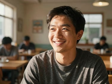 Candid portrait of a friendly man in his 30s in a warm community center, natural daylight, looking off-camera